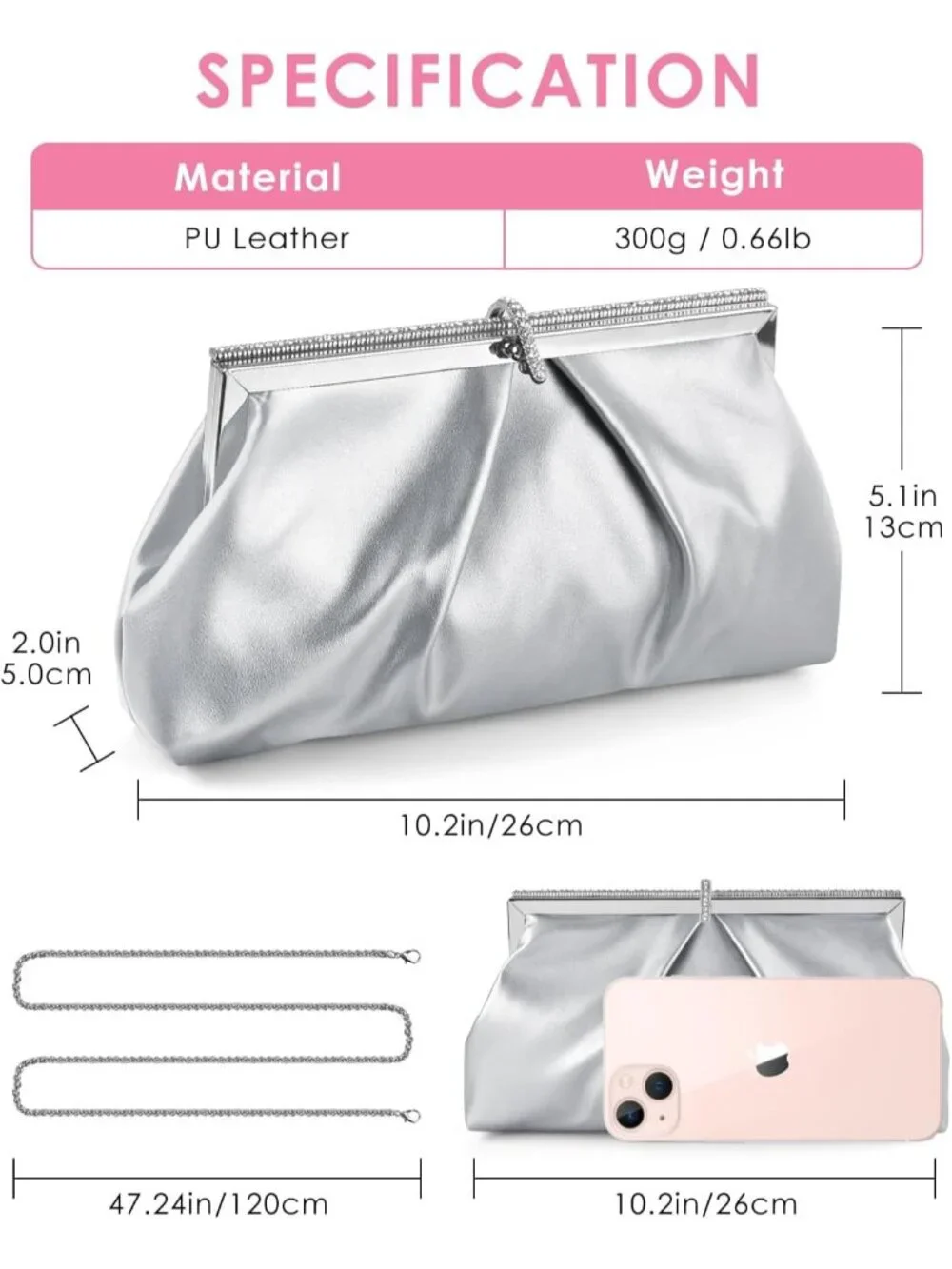 👜 Women's Silver PU Leather Formal Evening Bags Shoulder Party Cocktail Clutch